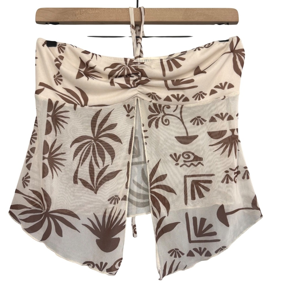 See You Monday Mesh Halter Top Sz L Tropical Y2K Ruched Front‎ Slit Brown Cream
